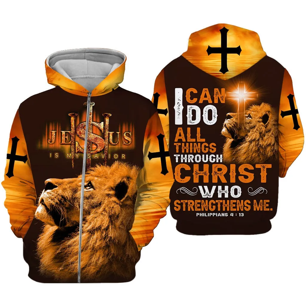 3D All Over Print Jesus And Lion Hoodie Tshirt For Men And Woman I Can Do All Things Through Christ Who Strengthens Me