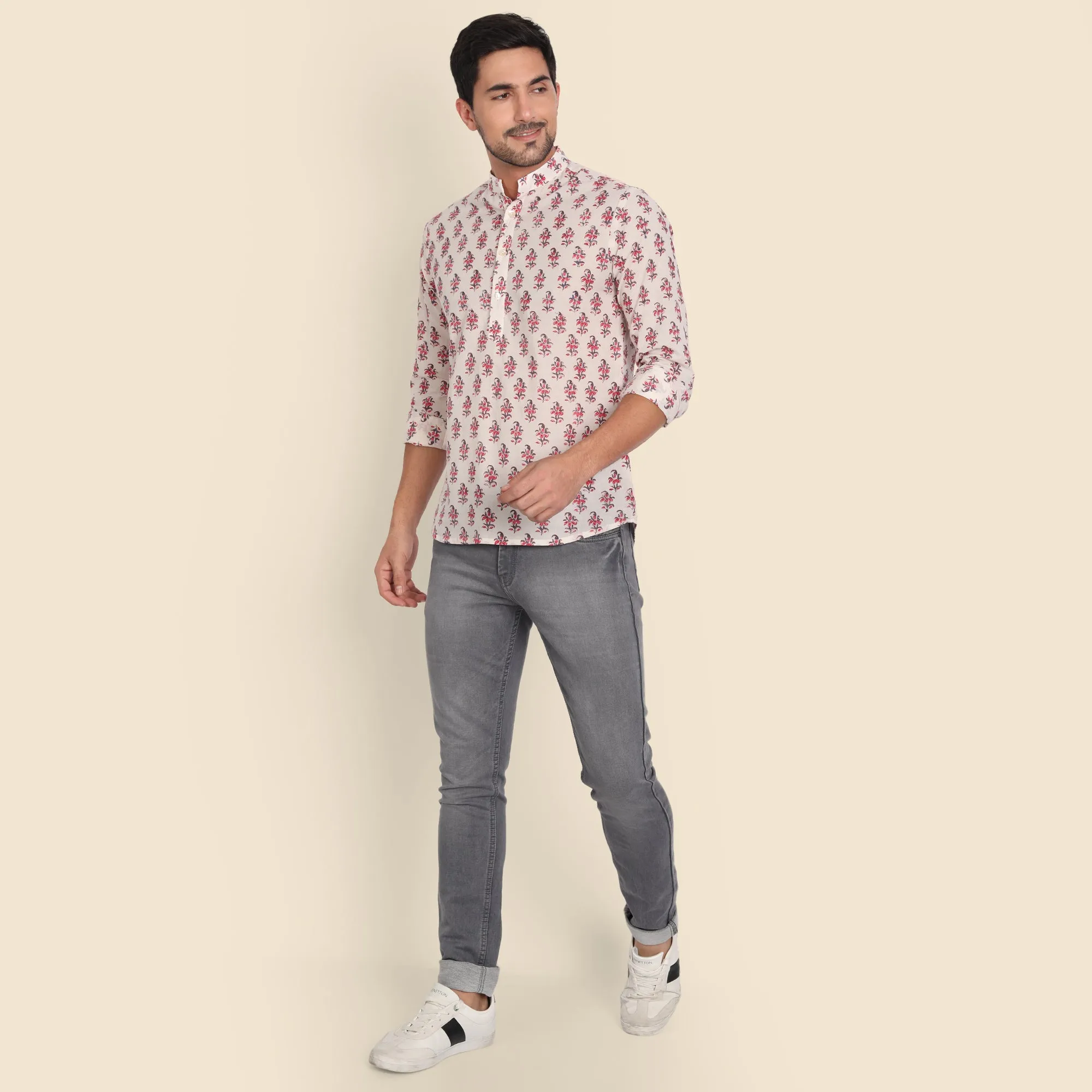 Ayaan White Hand Block Printed Shirt for Men