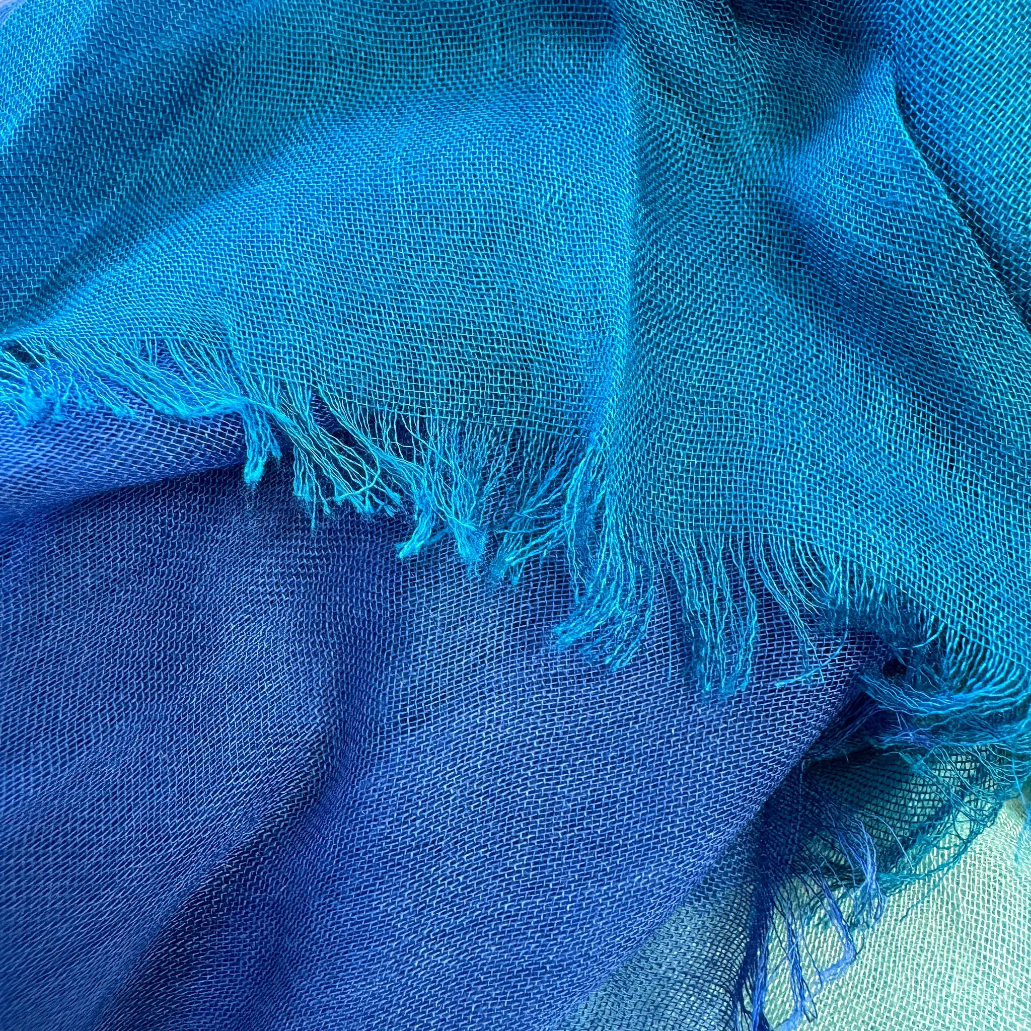 Blue Pacific Dream Cashmere and Silk Scarf in Aqua Teal and Cobalt Blue 47 x 37