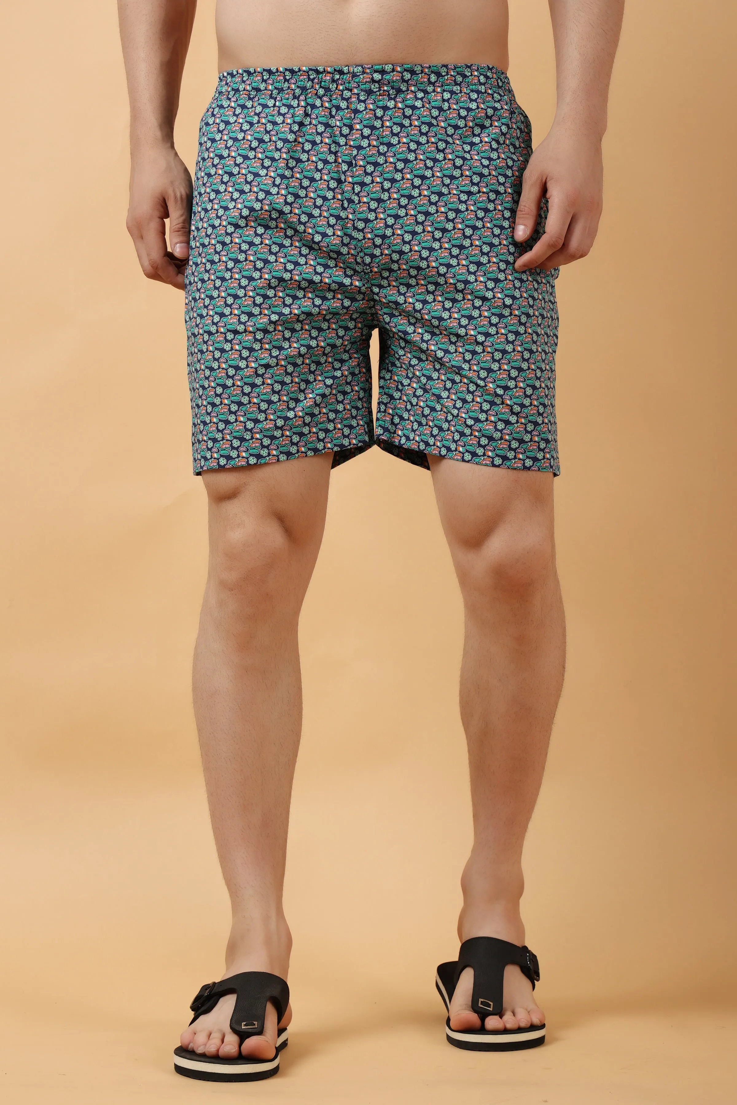 Blue Printed Poplin Cotton Shorts