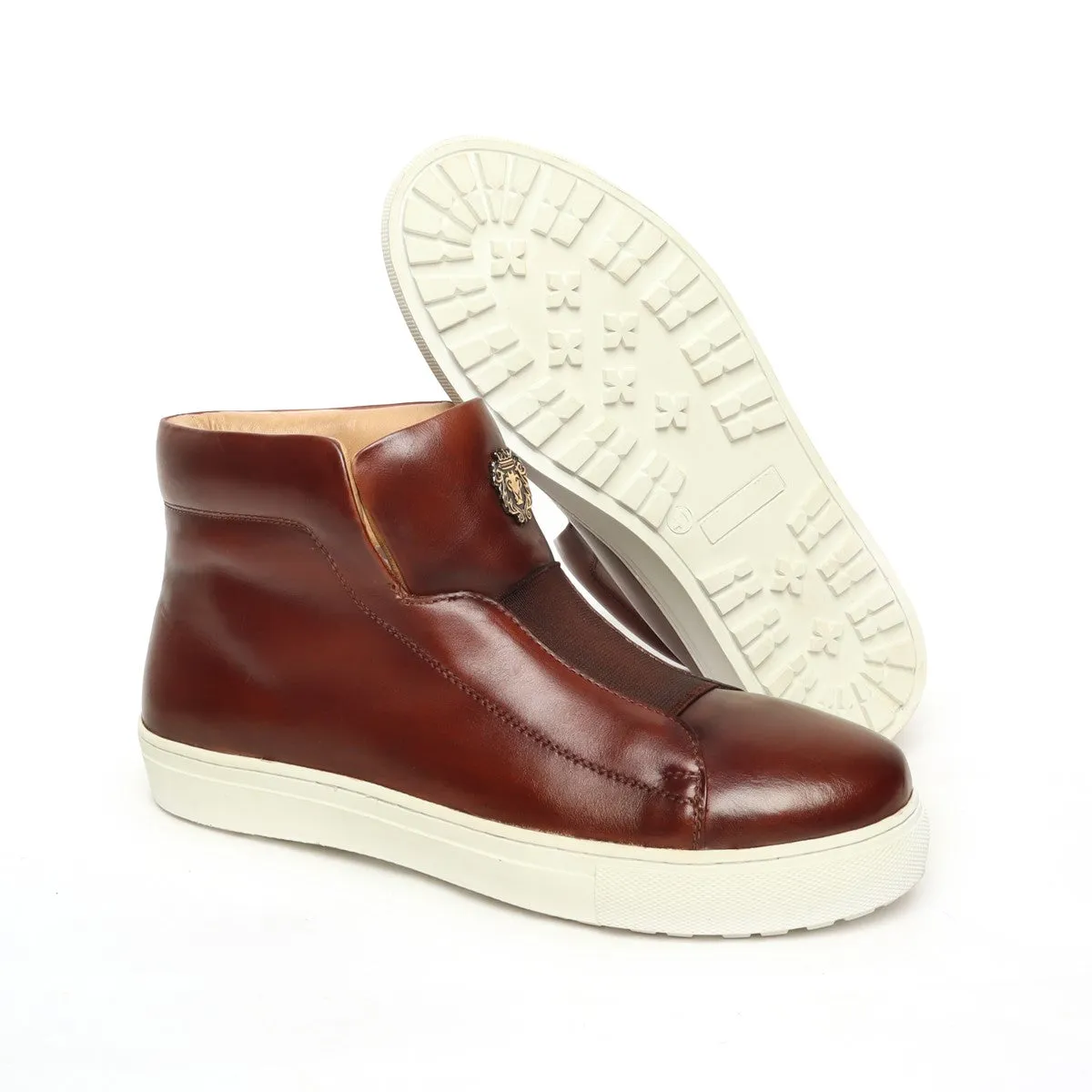 Brown Leather Mid-Top Sneakers with Stretchable Strap by Brune & Bareskin