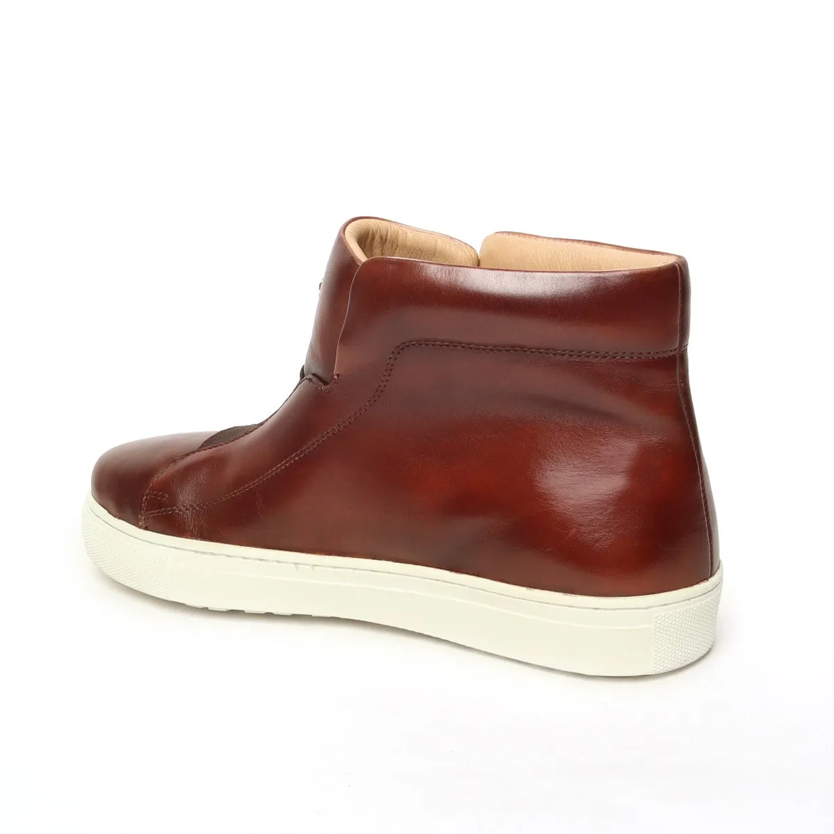 Brown Leather Mid-Top Sneakers with Stretchable Strap by Brune & Bareskin