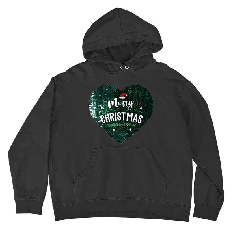 [Thickened Fabric] Custom Photo Heart Flip Sequin Hoodie Pure Cotton Christmas Gift Unisex For Men Women [Double Print]