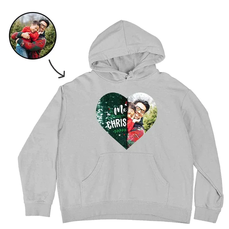 [Thickened Fabric] Custom Photo Heart Flip Sequin Hoodie Pure Cotton Christmas Gift Unisex For Men Women [Double Print]