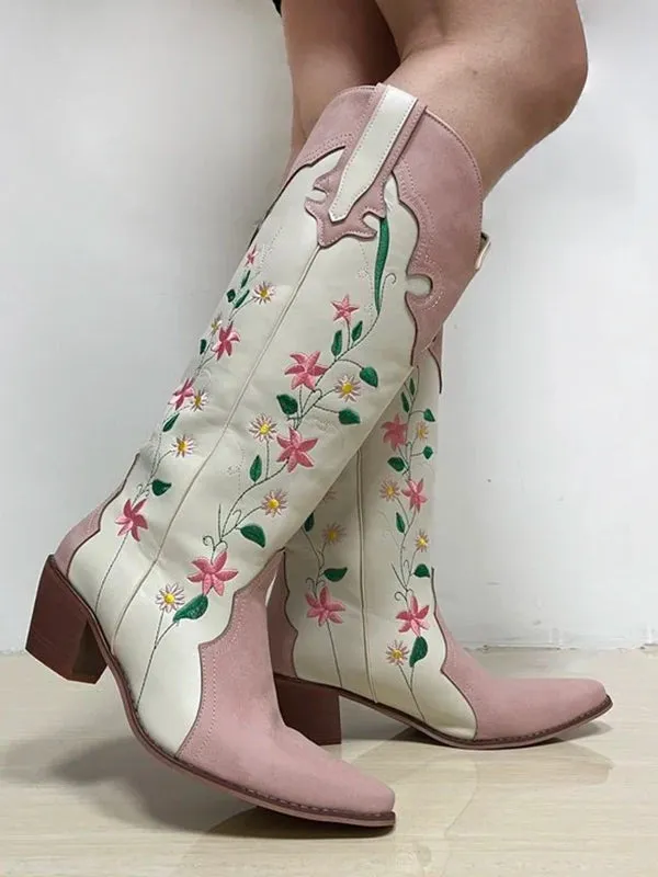 Cowgirl Boots Pink Flower Embroidered Knee Shoes For Women Mid Calf Western Botas Cowboy Mujer Fashion