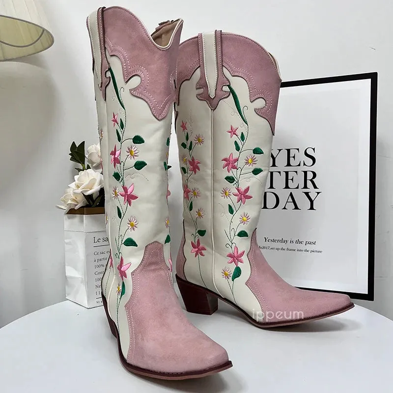 Cowgirl Boots Pink Flower Embroidered Knee Shoes For Women Mid Calf Western Botas Cowboy Mujer Fashion