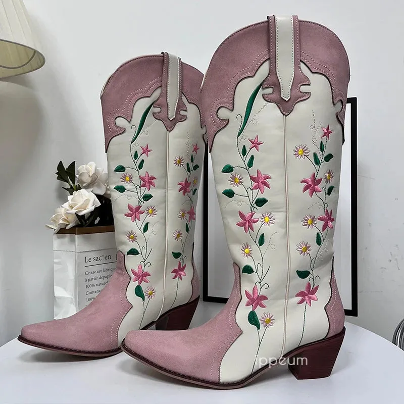 Cowgirl Boots Pink Flower Embroidered Knee Shoes For Women Mid Calf Western Botas Cowboy Mujer Fashion