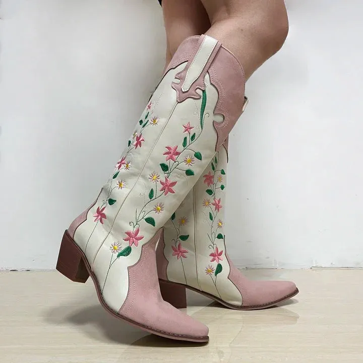 Cowgirl Boots Pink Flower Embroidered Knee Shoes For Women Mid Calf Western Botas Cowboy Mujer Fashion