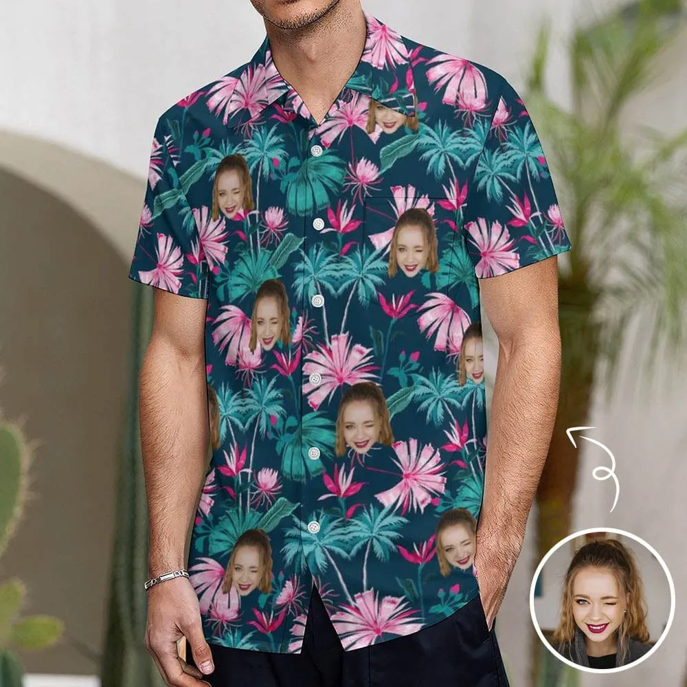 Custom Face Pink Flowers Shirt Men Front Pocket Beach Shortsleeve Pocket Hawaiian Shirt Boyfriend Gift For Him