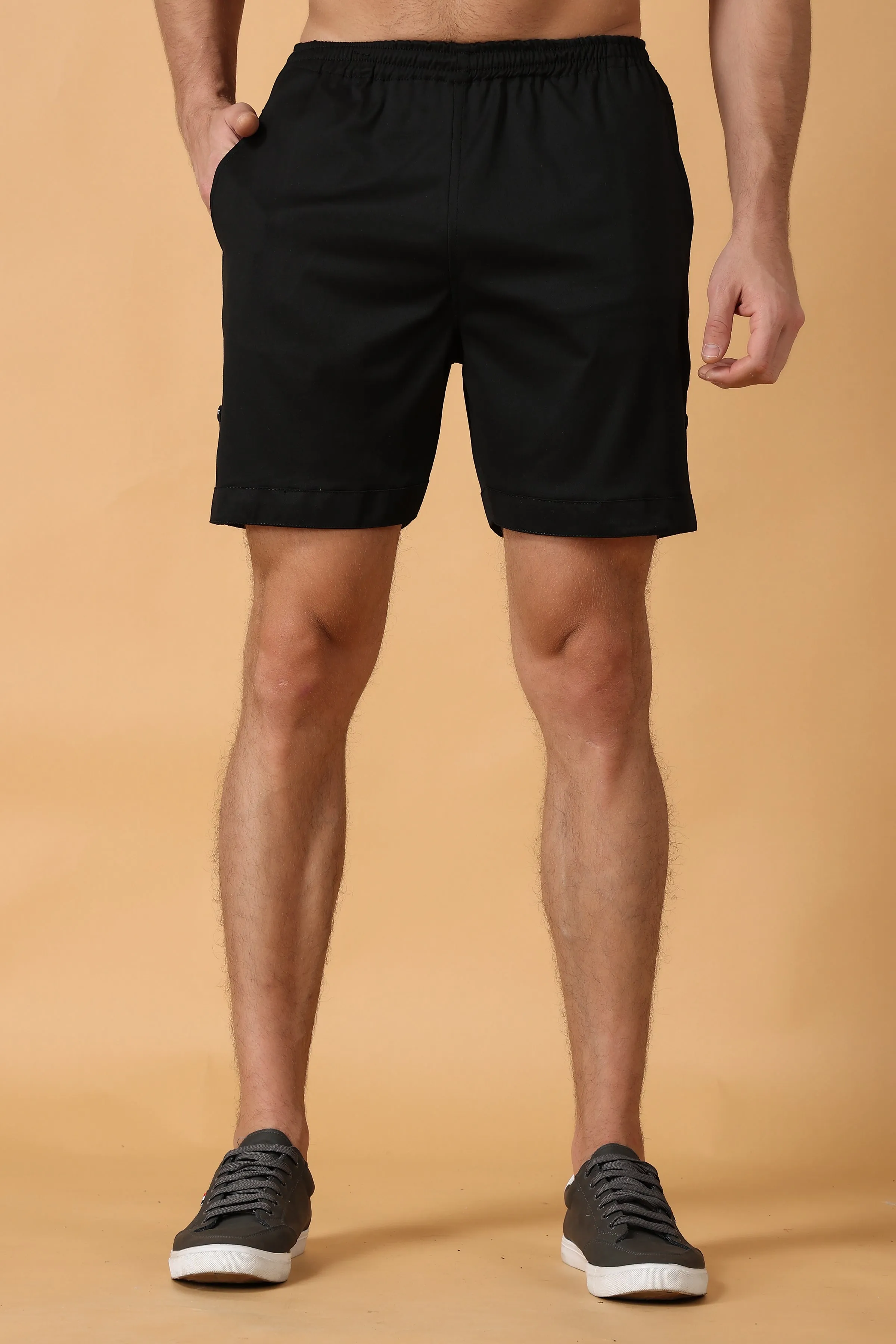 Eerie Black Cotton Lycra Shorts