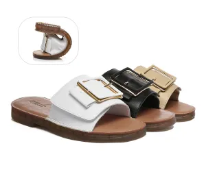 EVERAU® Women Leather Buckle Adjustable Ultra Soft Flat Slides Bera