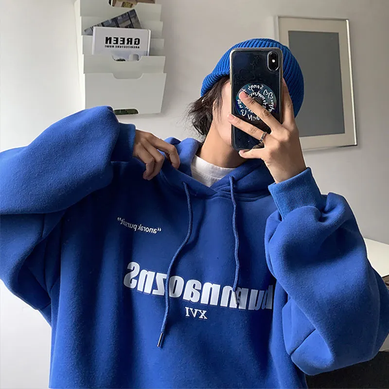 Foesce- 100% Cotton Klein Blue Fleece Hoodies Men Retro Autumn and Winter Loose Casual Trend Couples Sweatshirt Japanese Streetwear