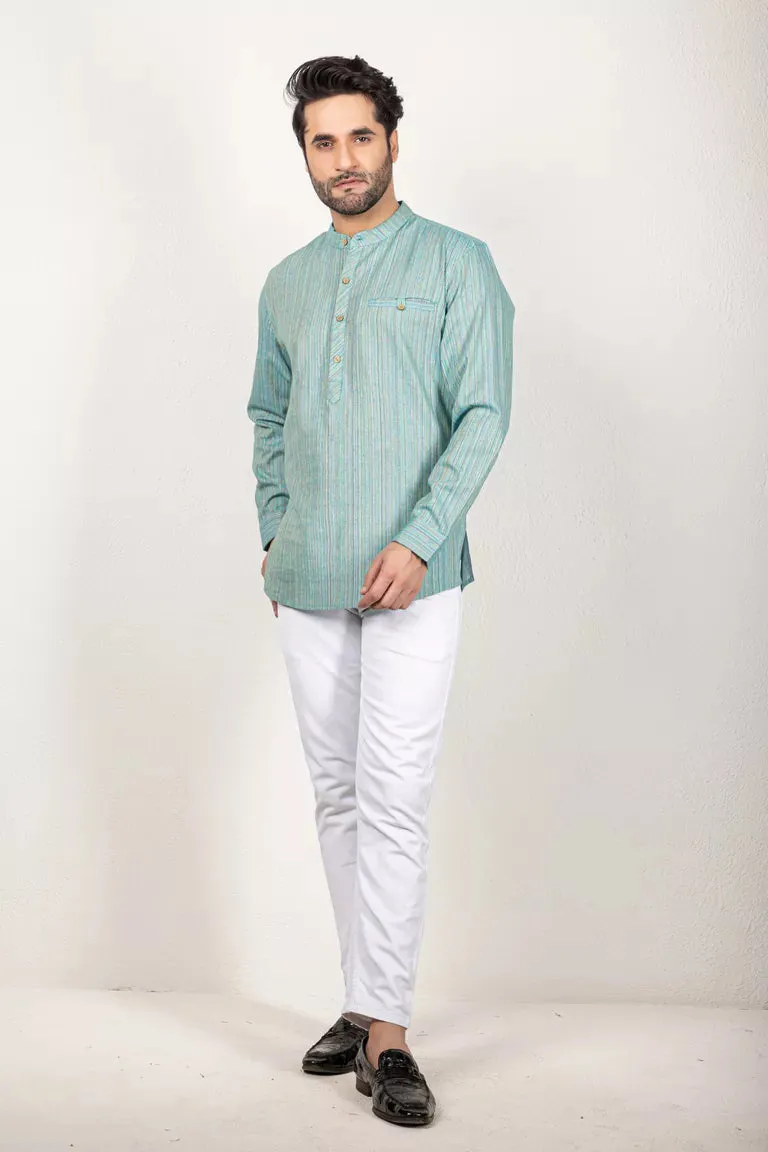 Green-Colored Woven Striped Short Kurta - 100% Cotton