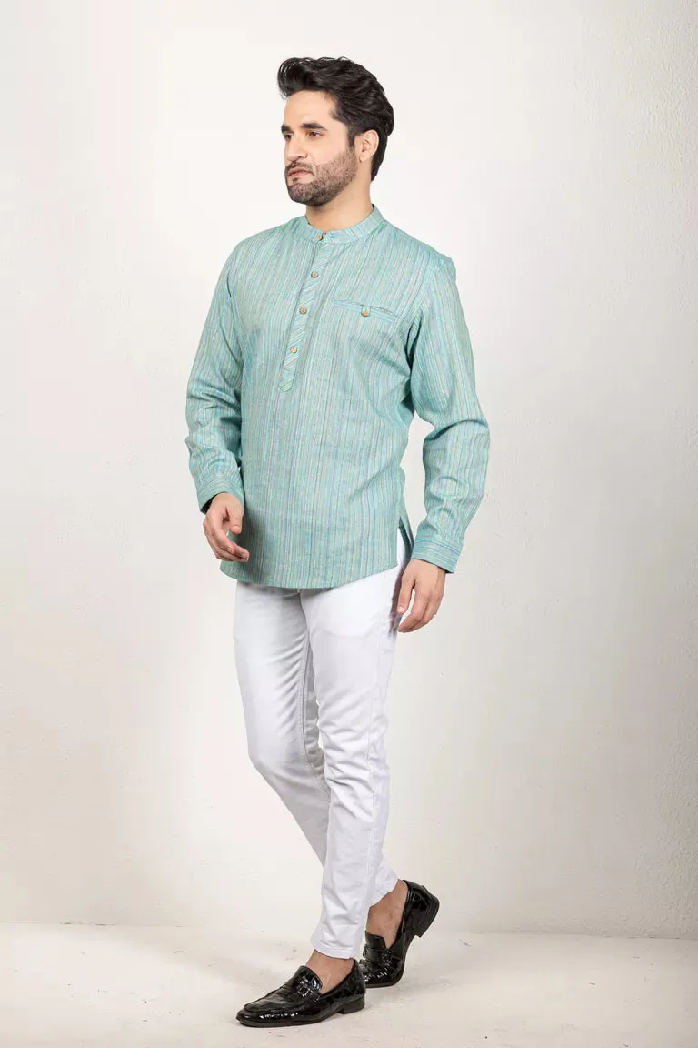 Green-Colored Woven Striped Short Kurta - 100% Cotton