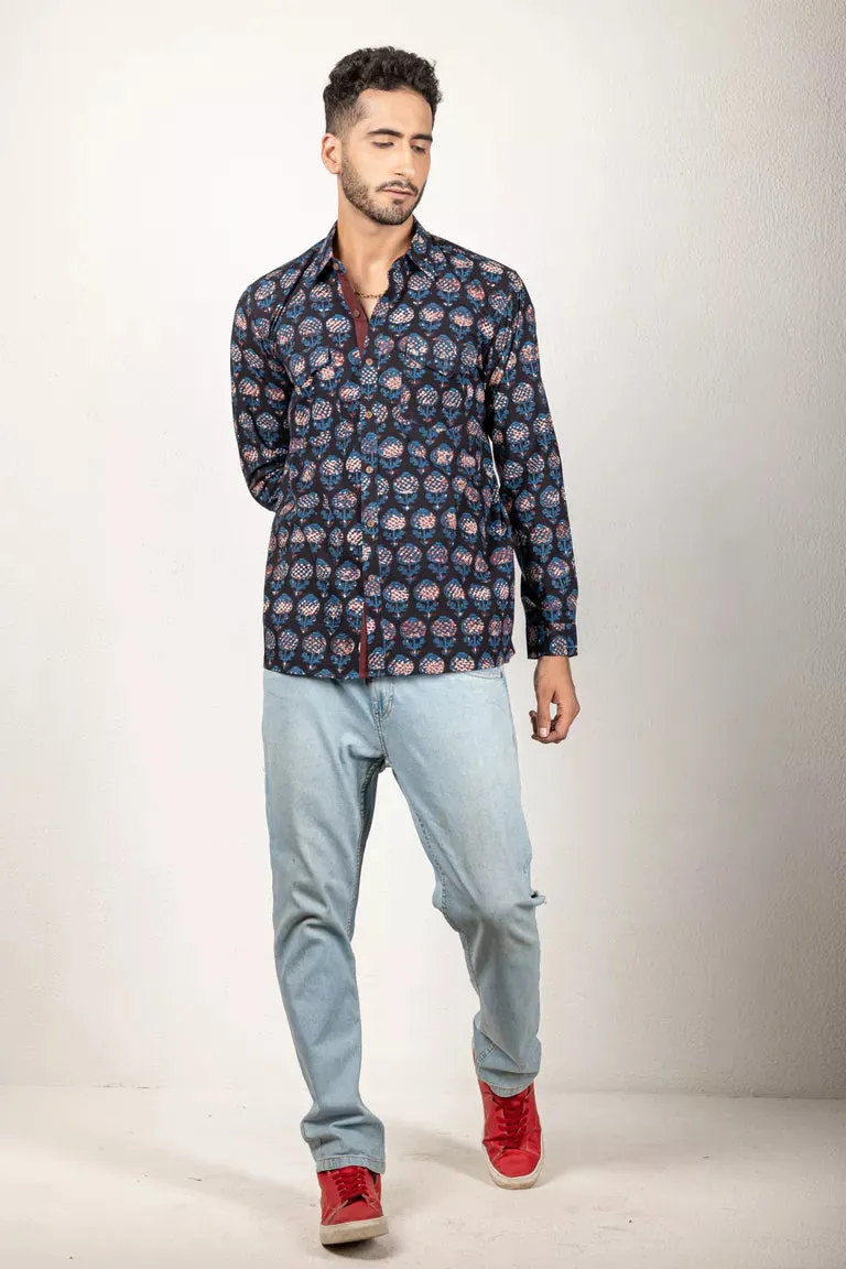 Indigo Hand Block Jaota Print Shirt