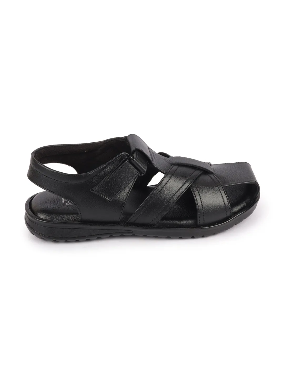 Men Black Genuine Leather Hook & Loop Closed Toe Fisherman Roman Sandals