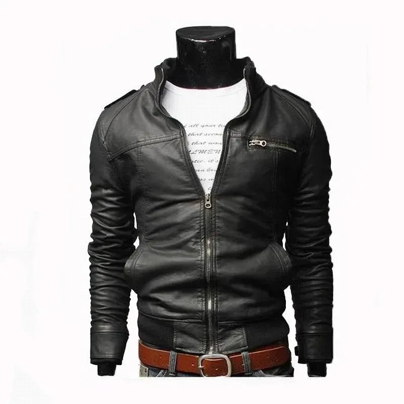 Men PU Leather Jacket Zippers 2024 Men's Stand