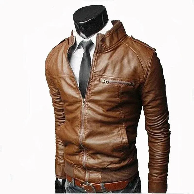 Men PU Leather Jacket Zippers 2024 Men's Stand