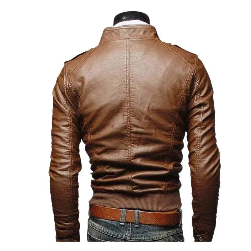 Men PU Leather Jacket Zippers 2024 Men's Stand