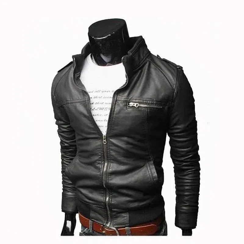 Men PU Leather Jacket Zippers 2024 Men's Stand