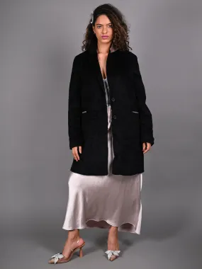 Odette Black Fur Textured Woollen Overcoat for Women