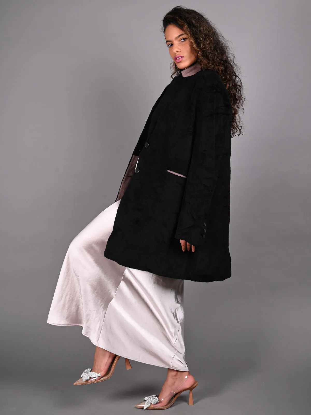 Odette Black Fur Textured Woollen Overcoat for Women