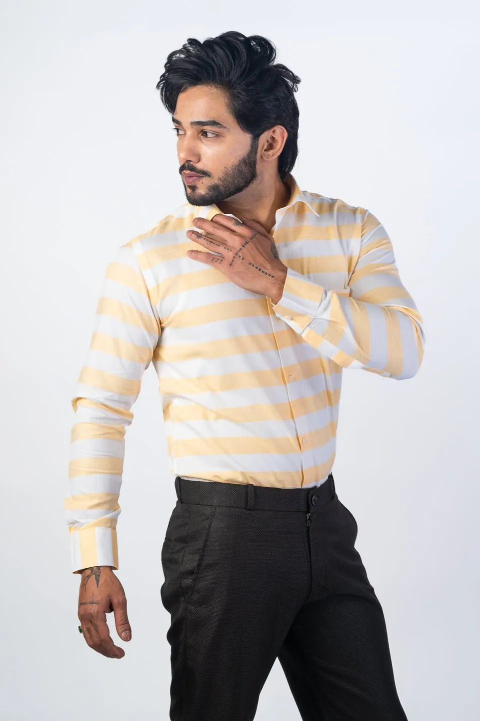 Peach Orange Color Cotton Stripe Shirt For Men