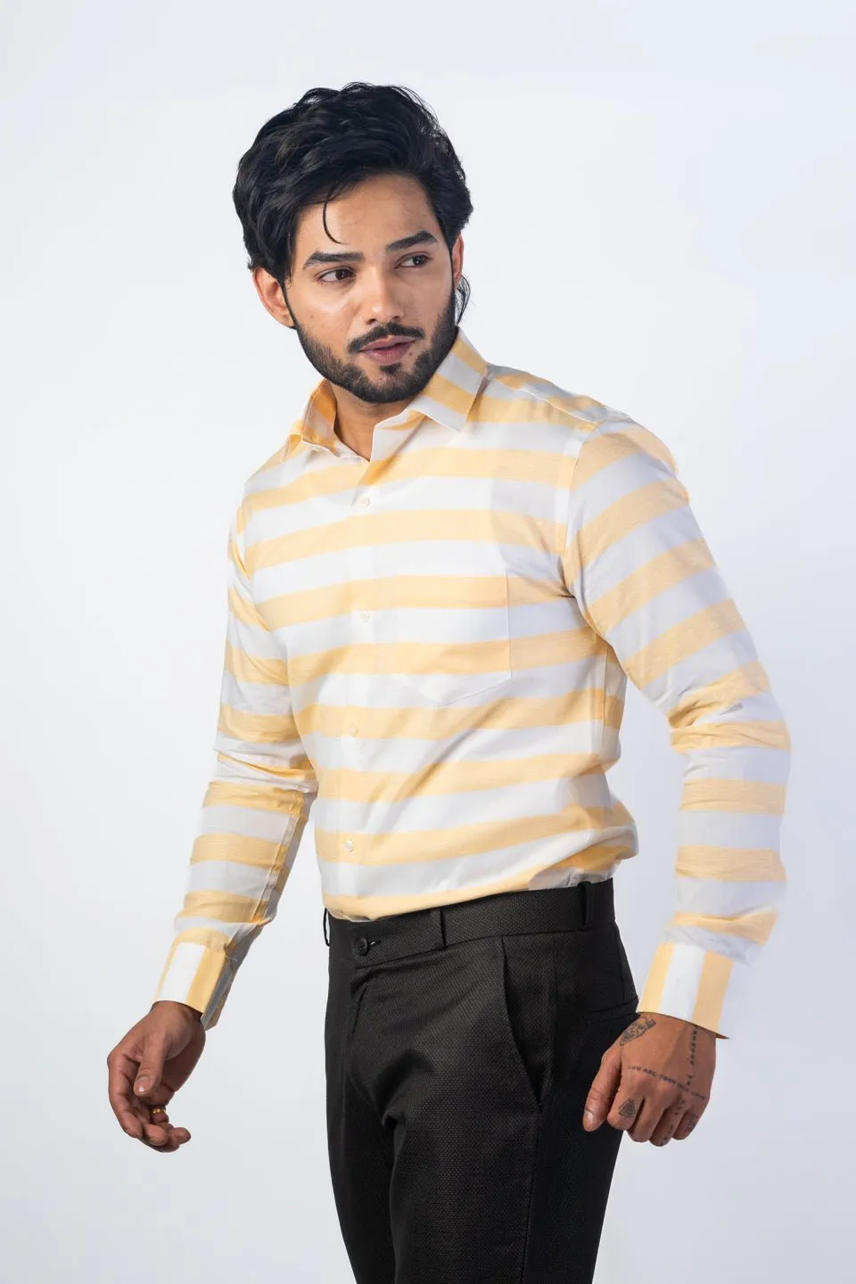 Peach Orange Color Cotton Stripe Shirt For Men