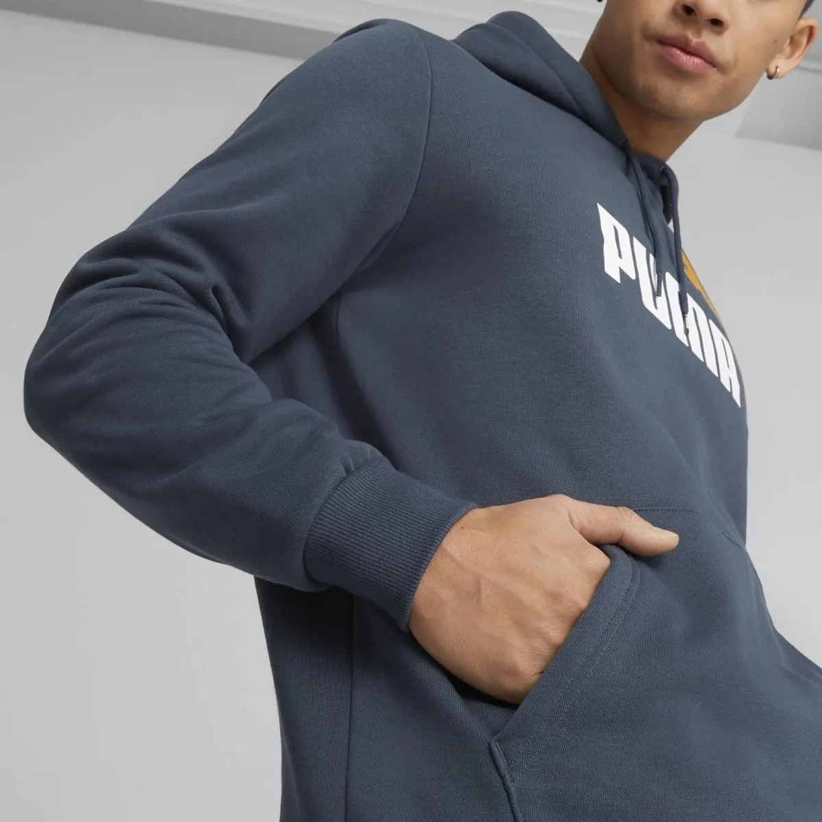 PUMA MEN'S ESSENTIALS  TWO-TONE BIG LOGO BLUE HOODIE