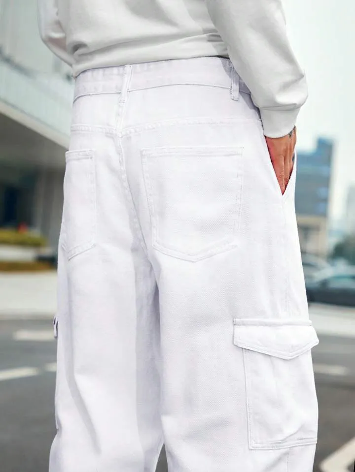 Pure White Baggy Cargo Jeans