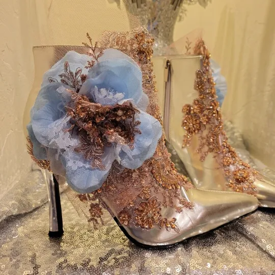 "VERONICA" Silver Beaded Lace Flower Ankle Boots