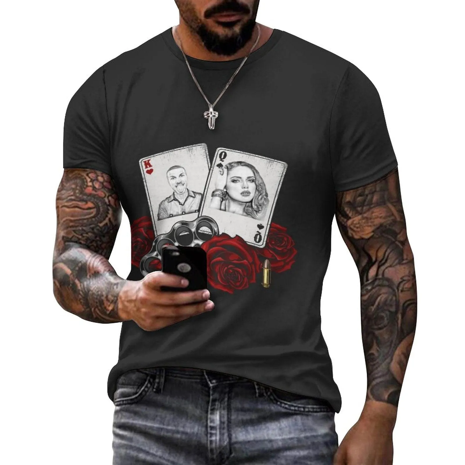 Slim Fit Cotton T-Shirt-Custom Faces Playing Cards Rose Pure Cotton Slim Fit T-Shirt Personalized Men's All Over Print Short Sleeve T-Shirt