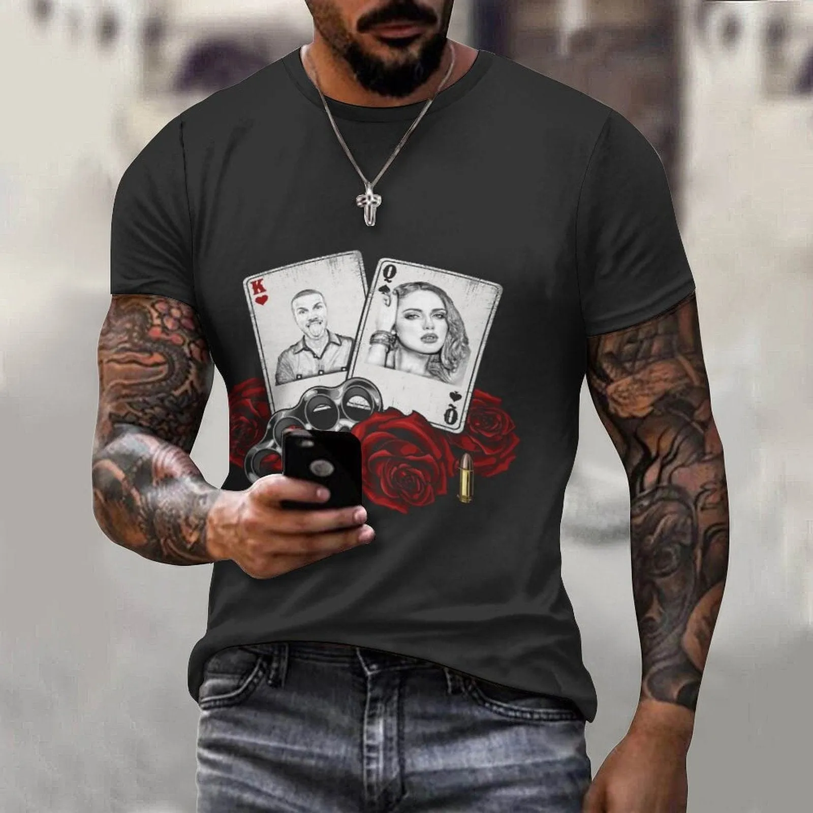 Slim Fit Cotton T-Shirt-Custom Faces Playing Cards Rose Pure Cotton Slim Fit T-Shirt Personalized Men's All Over Print Short Sleeve T-Shirt