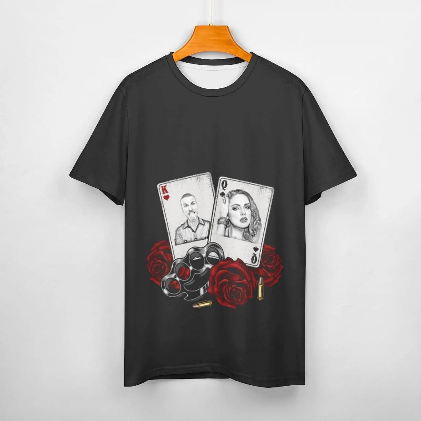 Slim Fit Cotton T-Shirt-Custom Faces Playing Cards Rose Pure Cotton Slim Fit T-Shirt Personalized Men's All Over Print Short Sleeve T-Shirt