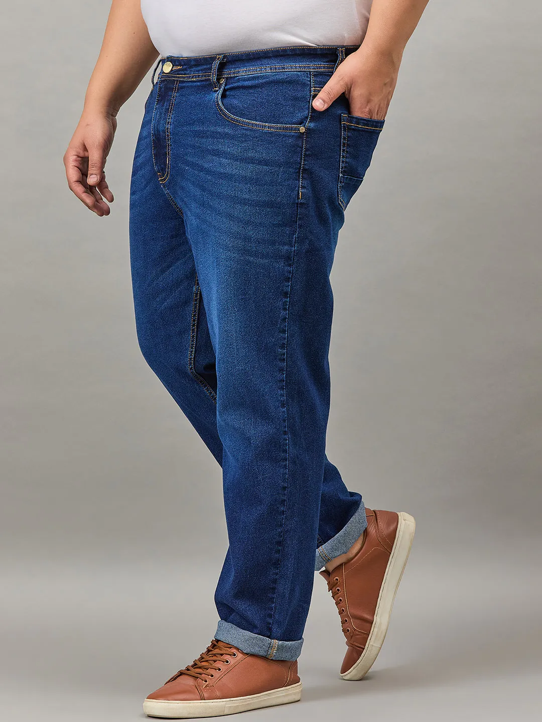 Style Quotient Men Plus Size Dark Blue Tapered Fit Mid Rise Stretchable Jeans